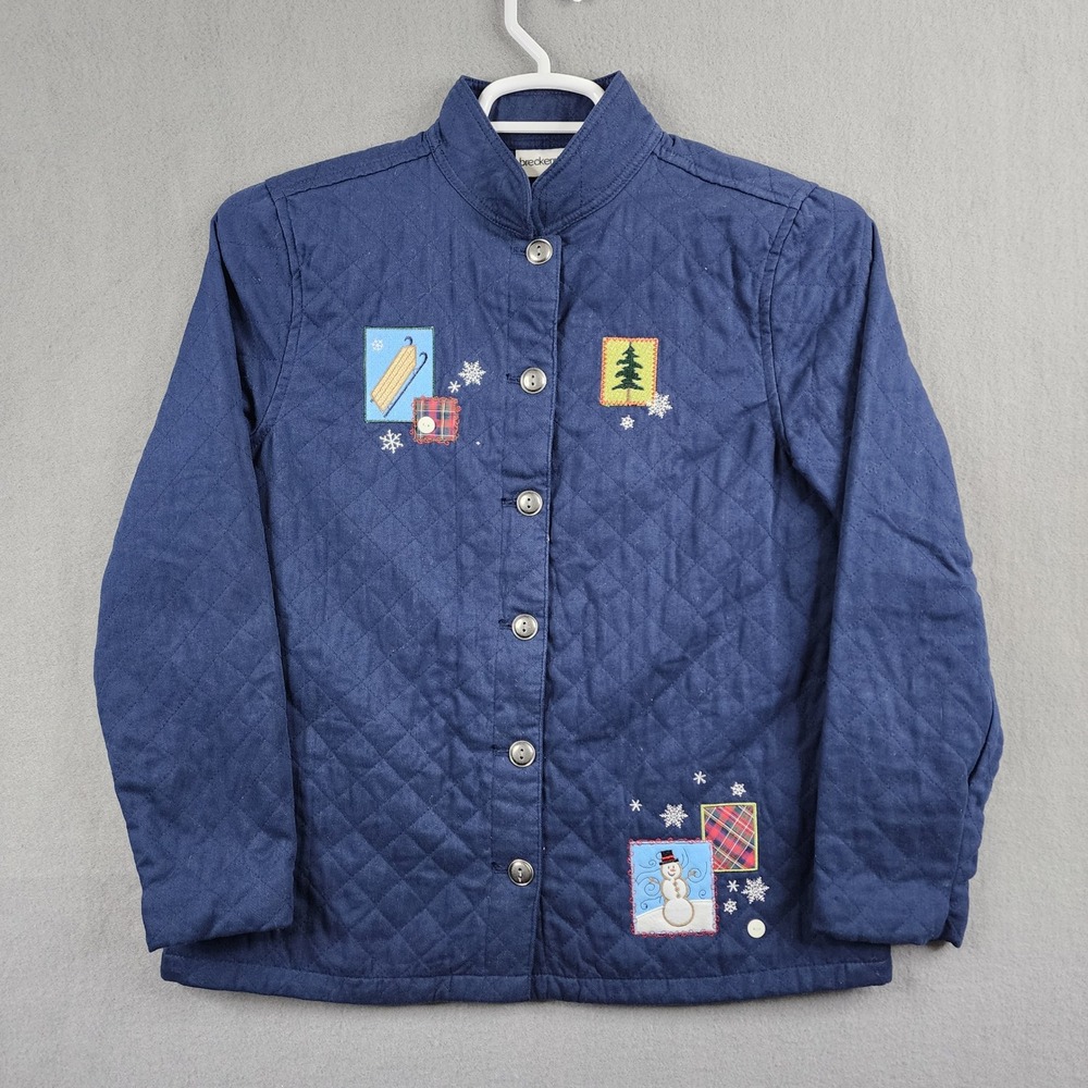 Breckenridge Women's Navy‎ Quilted Jacket Small Winter Theme Applique Teacher